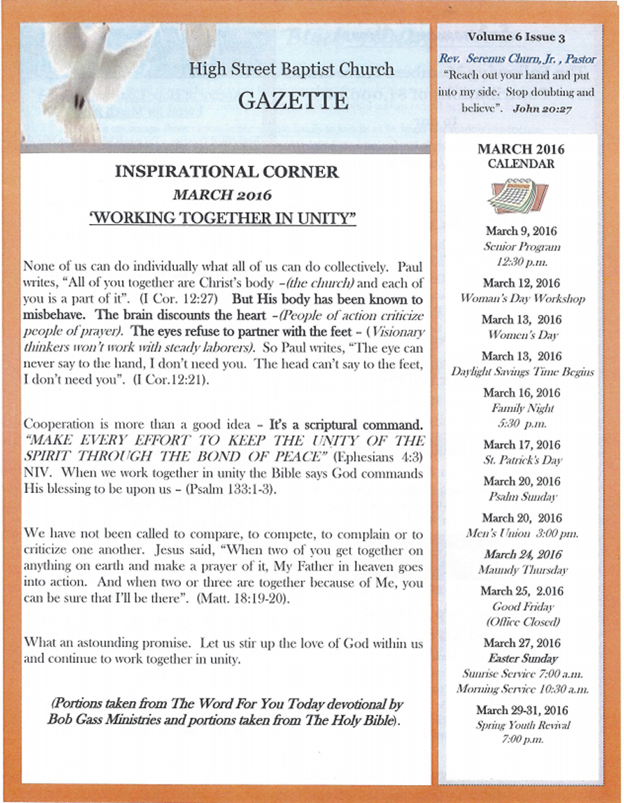 March 2016 - Working Together in Unity
